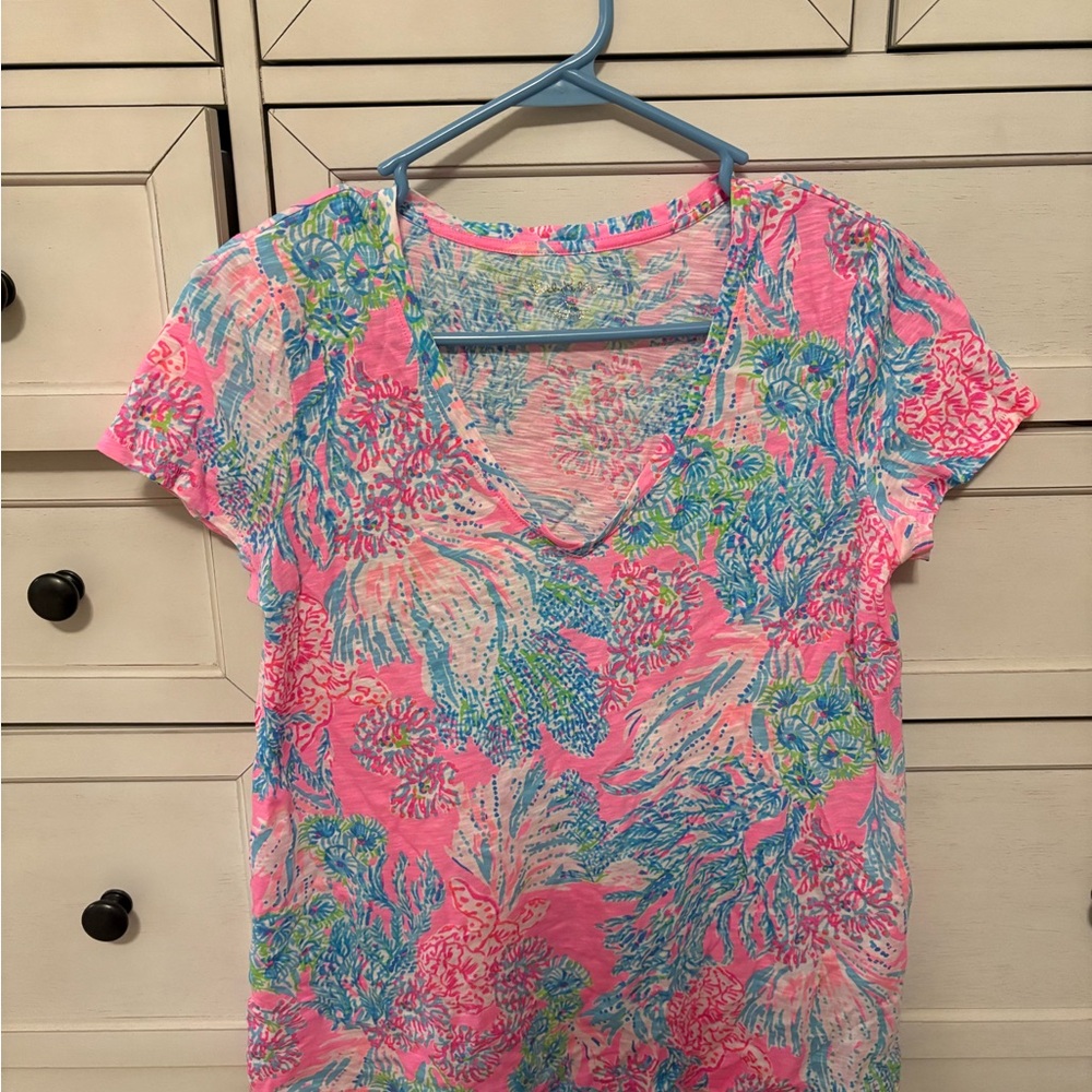 Lilly Pulitzer Pink and Blue Floral Short Sleeve Top